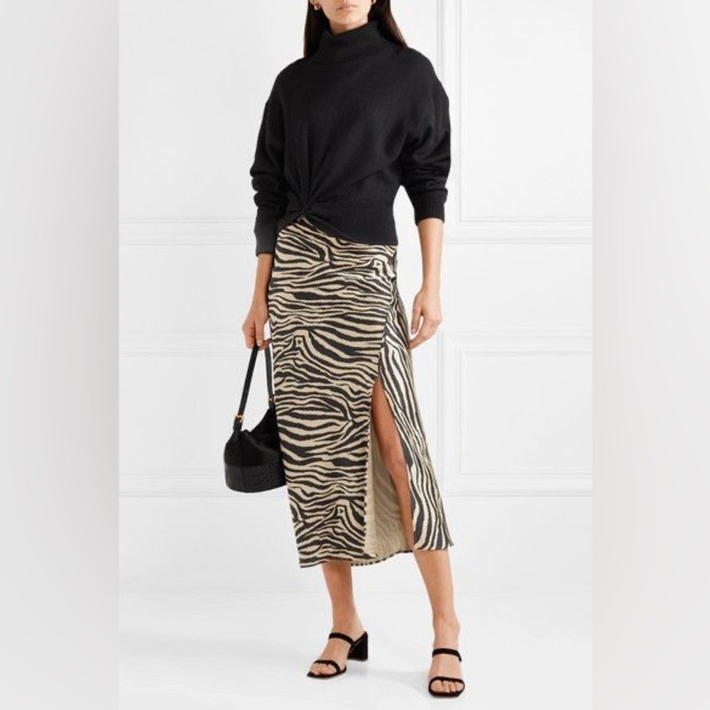 ANINE BING Dolly Silk MIDI Skirt Tiger Zebra Animal Print Slit XS